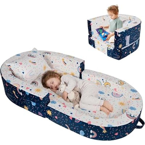 2-in-1 Toddler Travel Bed, Portable Foldable Toddler Floor Bed Converts to Soft Sofa, Kids Travel Couch with Removable Washable Cover, Ideal for Camping, Picnic, Hotel & Sleepovers