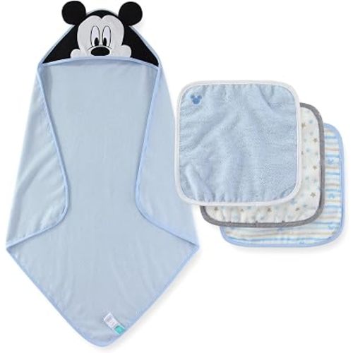 Disney Baby Boys Mickey Mouse Hooded Bath Towel with 3 Washcloths Set for Newborn and Infants