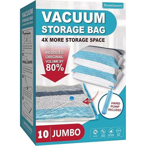 Roomimaster Vacuum Storage Bags, Vacuum Seal Space Saver Bags for Clothing, Travel Lugggage, Carry-on, Blankets, Pillow, Comforters, Bedding, 10 Jumbo