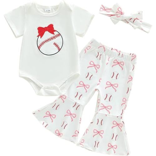 Baby Girl Baseball Outfit Bow Baseball Print Short Sleeve Romper and Flare Pants Set Infant Spring Clothes Headband