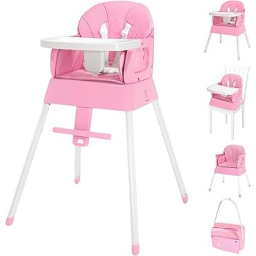 5 in 1 Foldable Baby High Chair,Convertible Highchair for Babies and Toddlers-Portable Infant Booster Seat,Carry Small Box,Dining Chair,Toddler High Chair with 5-Point Harness,Removable Tray-Pink