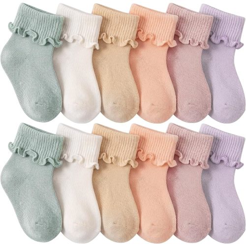Toulite 12 Pairs Preemie Newborn Baby Ankle Socks Ruffle Turn Cuff Cotton Non-slip Warm Socks for Girls and Boys Infant (Simple Style,0-3 Months,Creamy Color)