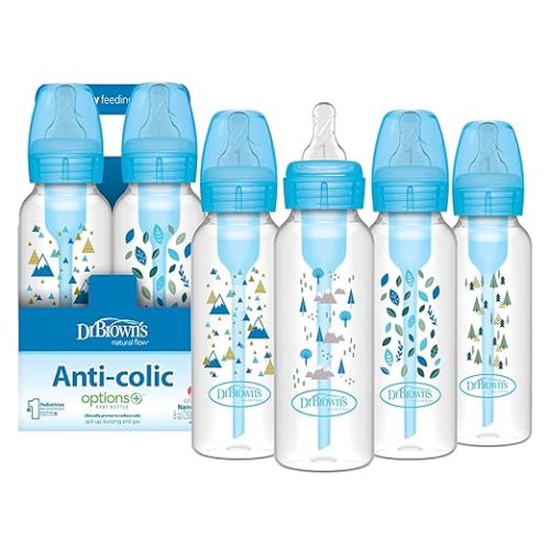 Dr. Brown's Natural Flow Anti-Colic Options+ Narrow Baby Bottle, Blue Nature, 8 oz/250 mL, with Level 1 Slow Flow Nipples, 0m+, 4 Pack