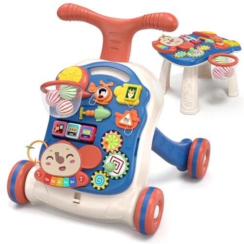 QDRAGON 3 in 1 Baby Walker and Activity Center for Boy 12-18 Months, Blue | Baby Push Walker, Sit to Stand Learning to Walk, Early Educational Push Toys with Music Panel for Infant Toddler