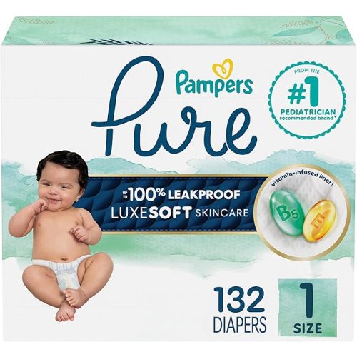 Pampers Pure Protection Baby Diapers, Size 1 (8-14 lbs), 132 Count, Up to 100% Leakproof, Premium Plant-based Skin Protection, Hypoallergenic Soft Diapers