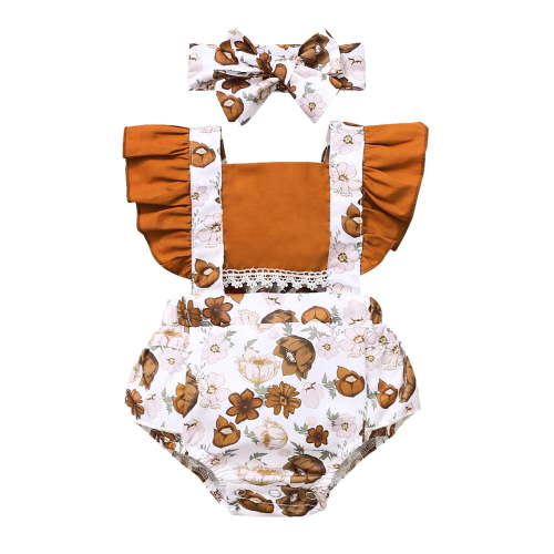 Bainana Newborn Girls Romper Dress Floral Print Ruffled Sleeve Square Neck Jumpsuit Fashion Casual Kids Clothes With Headband Brown Size 3-6 Months