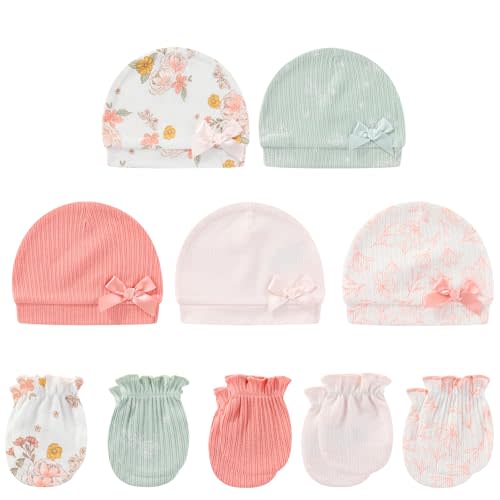 MAMIMAKA Baby Hat and Mittens Set Cotton Newborn Baby Hats Caps for Boys and Girls, 0-6 Months
