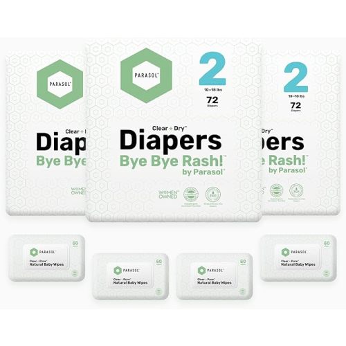 Parasol Clear+Dry Disposable Diapers and Clear+Pure Wipes Kit, RashShield Protection, Size 2 (10-18 lbs), Diaper Bundle of 216 Diapers & 240 Wipes