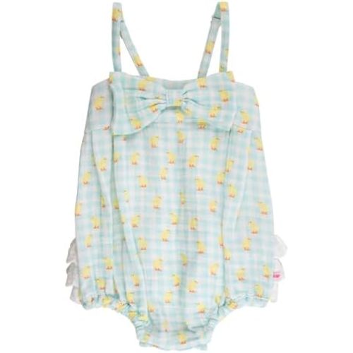 RuffleButts Baby Girls Bow Front Bubble Woven Romper
