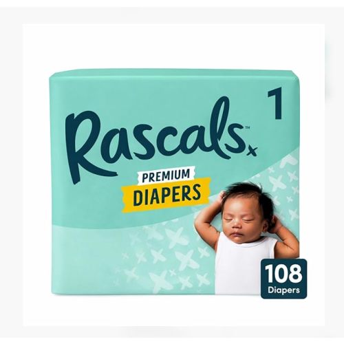 Rascals Premium Disposable Baby Diapers Size 1 (108 Count), Absorbent Core, Up to 12 Hours Leak Protection, Gentle on Skin, Secure Fit, Soft Comfort