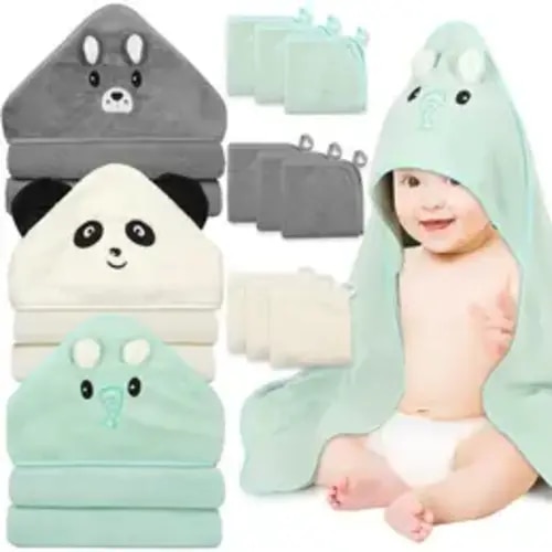 12 PCS Hooded Cute Animal Print Infant Baby Towel Set with Cute Accessories - 4 Bath Towels, 8 Washcloths, Ultra Absorbent Newborn Bath Essentials Gifts for Boys, Girls, Animal Prints - TikTok Shop