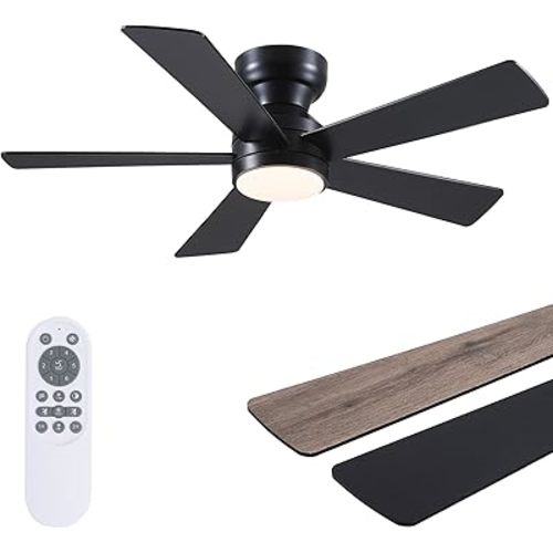 Black Ceiling Fans with Lights - 46" Flush Mount Ceiling Fan with Remote and 5 Reversible Blades, 3CCT Dimmable, 6 Wind Speeds&2H Timer, Indoor Low Profile Fan Light Fixture for Modern Bedroom