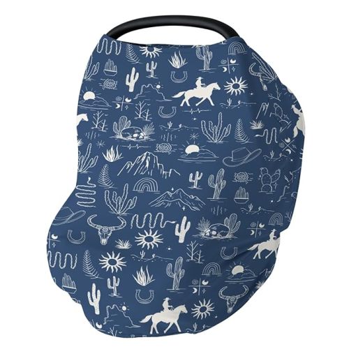Western Cowboy Car Seat Cover for Babies Wild West Cactus Mountain Snake Cattle Skull Sun Stretchy 5-in-1 Covers Adjustable Car Canopy Breastfeeding Cover Desert Adventure Breathable Nursing Cover-Up