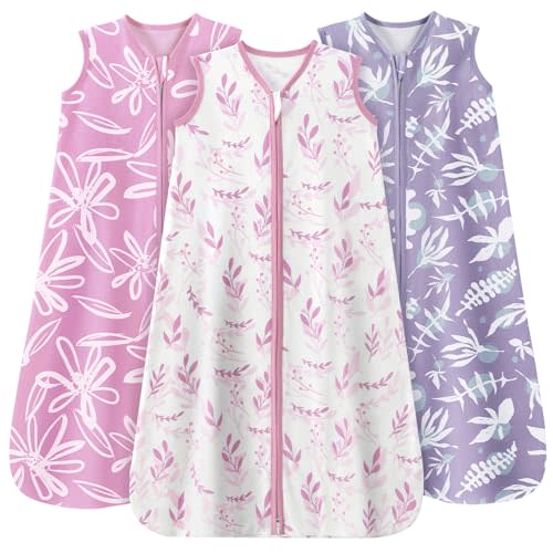 Unnivoll Baby Sleep Sack 0-6 Months 3 Pack 100% Cotton Lightweight 0.5 TOG Wearable Blanket Baby Sleep Bag with 2-Way Zipper for Newborn Infant Purple Leaf