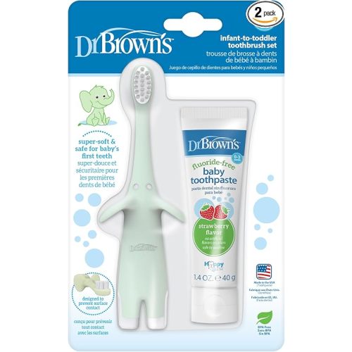 Dr. Brown’s Infant-to-Toddler Training Toothbrush Set, Mint Elephant with Fluoride-Free Strawberry Baby Toothpaste, 0-3 years