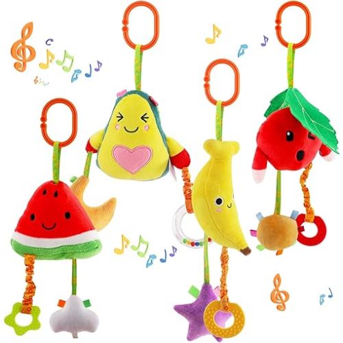 KAKIBLIN Baby Hanging Toys, 4 Pack Carseat Toys,Early Baby Cognitive Sensory Soft Hanging Toy for Crib Stroller Gym Mobile Plush Toy,Suitable for Babies 0-12 Months,Fruit