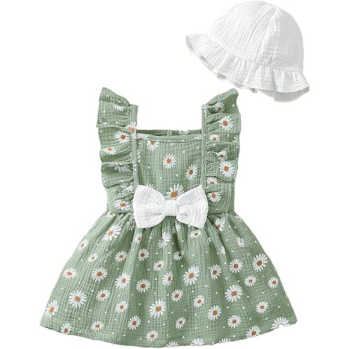 Baby Summer Cotton Linen Bow Sundress Infant Dresses with Hat