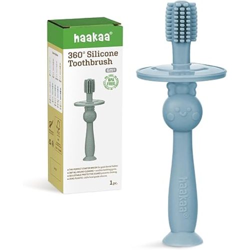 haakaa 360° Baby Toothbrush with Suction Base - Gentle Cleaning for Toddler's Self-Brushing Training, Food-Grade Silicone, Adjustable Safety Shield - Sky Blue (1 Piece)