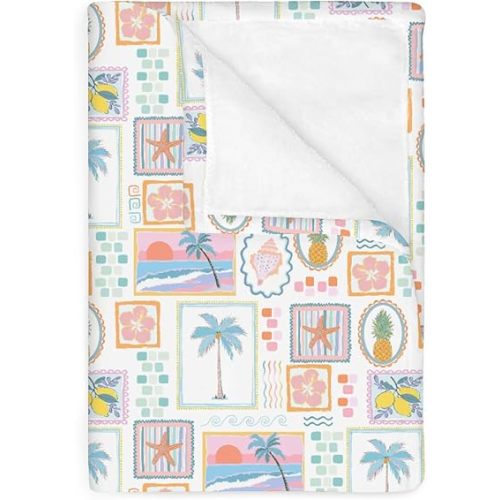 Colorful Beach Patchwork Baby Blankets for Girl Bright Summer Seashells Girly Soft Flannel Nursery Bed Blanket for Infant Toddler Crib Boho Pineapple Lemon Palm Tree Starfish Swaddle Blanket 30x40