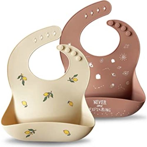 Moonkie Silicone Baby Bibs Set of 2, BPA Free Waterproof Baby Bibs for Eating, Soft Adjustable Silicone Bibs for Babies 6-12 Months, Toddler Bibs with Pocket Food Catcher (Shifting Sand/Burlwood)