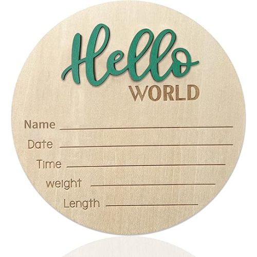 Baby Announcement Sign, 5.9 Inch Wooden Hello World Newborn Sign, Birth Announcement, Baby Shower Hospital Nursery for Newborn Boys and Girls (Green)