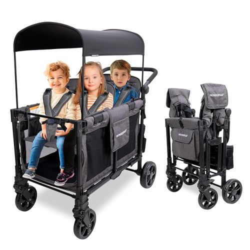 WONDERFOLD W4 Elite Pro Stroller Wagon (4 Seater) - Wagon Stroller with 5-Point Harnesses, Adjustable Push Handle, and Adjustable Sun Canopy - Safety Certified, Charcoal Gray