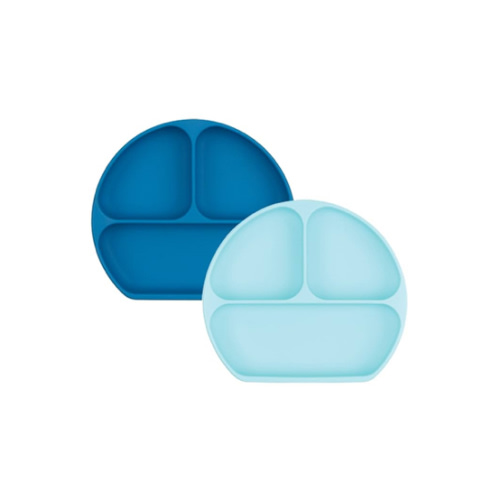 Bumkins Toddler and Baby Suction Plate, Silicone Divided Grip Dish for Babies and Kids, Baby Led Weaning, Children Feeding Supplies, Non Skid Bottom, Platinum Silicone, 6 Mos Up, Blue and Dark Blue