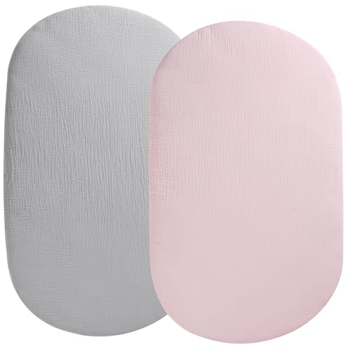 Muslin Bassinet Sheet Compatible with UPPAbaby Bassinet, 2 Pack Cotton Stylish Boho Fitted Bassinet Sheets Super Soft for Baby Grey & Pink