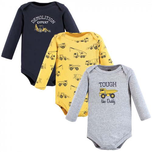 Hudson Baby Infant Boy Cotton Long-Sleeve Bodysuits, Construction 3-Pack, 0-3 Months