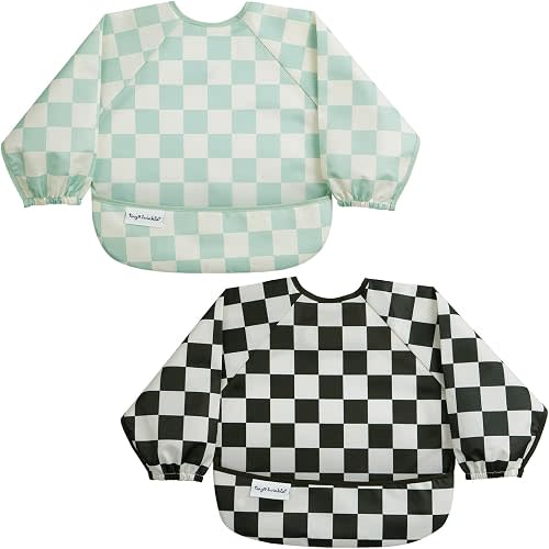 Tiny Twinkle Long Sleeve Bib for Babies & Toddlers | 2-Pack Waterproof Smock Bib for Eating | Machine Washable & Mess-Proof Feeding Essentials | Newborn Shower Gift (Black,Sage Checkers, 6-24M)