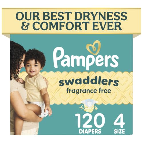 Pampers Swaddlers Diapers, Size 4 (15-34 lbs), 120 Count, Fragrance Free, Hypoallergenic, Absorbent, Pediatrician Recommended, Skin Safe