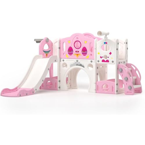 9 in 1 Toddler Slide and Climber Playset Freestanding Backyard Playground for Children Age 1-4, Indoor Outdoor Kids Slide with Basketball Hoop,Telescope, Ring-toss and Storage Space