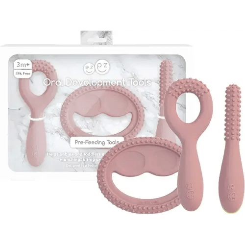 ezpz Oral Development Tools (3 Pack in Blush) - 3 Months+ - Non-Slip Loop, Smile and Stick 100% Silicone Tools - Prepare for Chewing + Solids - Baby-Led Weaning Supplies