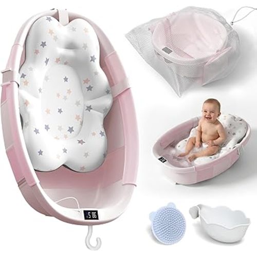 Collapsible Baby Bathtub - Large Baby Bath Tub with Thermometer | Bath Essential Bañera para Bebe Easy Fold Baby Tub | Travel Infant Newborn Toddler Bathtub for Baby Girl Boy 0 to 36 Months (Pink)
