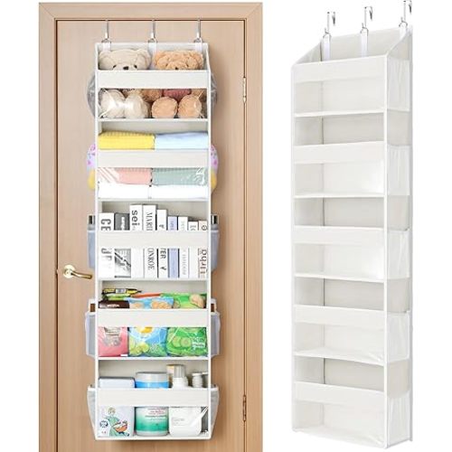Yecaye 5 Tier Clear Over the Door Organizer Hanging, 5 Large Plastic Pockets and 10 Side Pockets Back of Door Organizer, 56lbs Weight Capacity Behind the Door Storage for Nursery, Ivory White