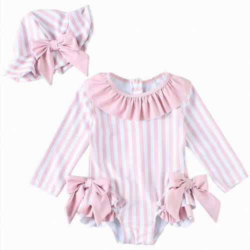Xudanell Girls Swimsuit Bow Design Infant Long Sleeve Bathing Suit Romper with Hat Beach Swimwear Pink 3-6 Months