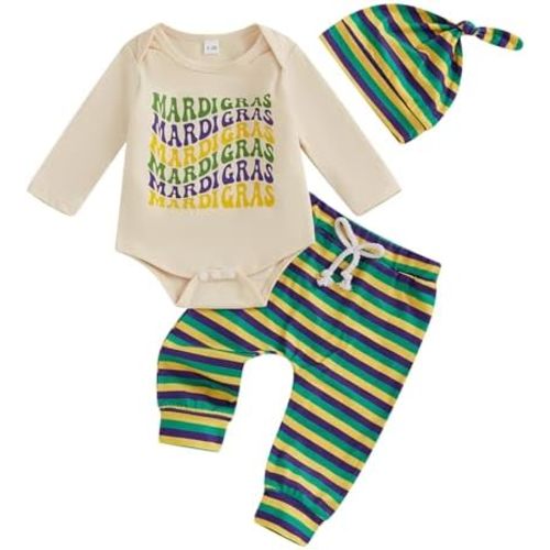 Honganda Newborn Baby Boy Mardi Gras Outfit Letters Print Bodysuit Romper Striped Pants with Hat Fall Carnival Clothes Set