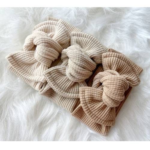 Baby Girl Headband - Waffle Thermal Oversize Bow Headband Wrap - Beige Tan Cream - Baby Bows - Baby Girl Gift - Newborn - Knotted Bow