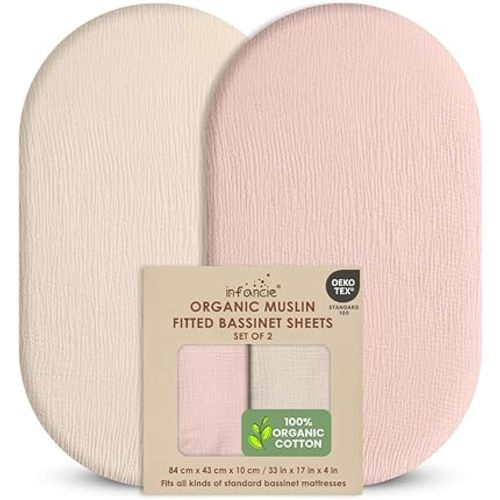100% Organic Cotton Muslin Baby Bassinet Baby Sheet 33 X 17 Inch Soft Breathable Lightweight Stretchable Bed Sheet 2 Pack Gentle On Skin Durable Snug Fit Sheet for Newborn Bassinet Mattress