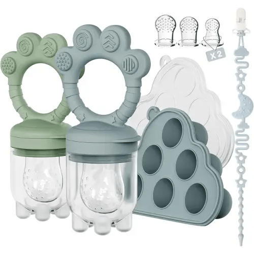2 Pack Baby Fruit Food Feeder + Breastmilk Popsicle Molds,Baby Teethers,BPA Free,3 Sizes,2mm Fine Holes to Prevent Choking,Perfect for Teething Relief & Infant Solid Food Introduction,3 M+(Ether/Sage)