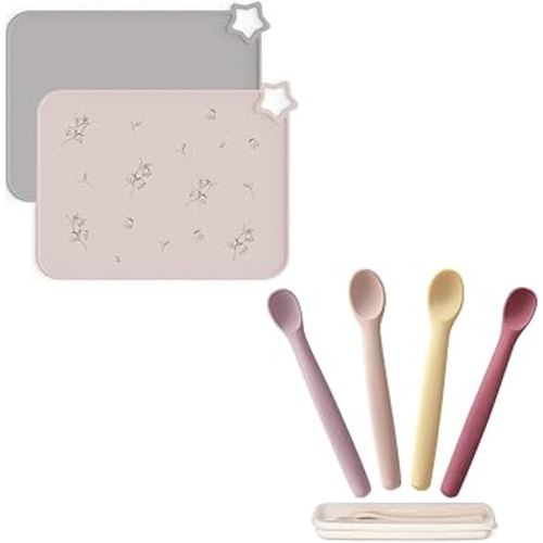 Moonkie Baby Mealtime Essentials Bundle | Silicone Placemats & Baby Spoons Set | Non-Slip Stain-Resistant Food Mats (2 Pack) & 4 Bendable First Stage Feeding Spoons with Case | BPA-Free, Chewproof & P