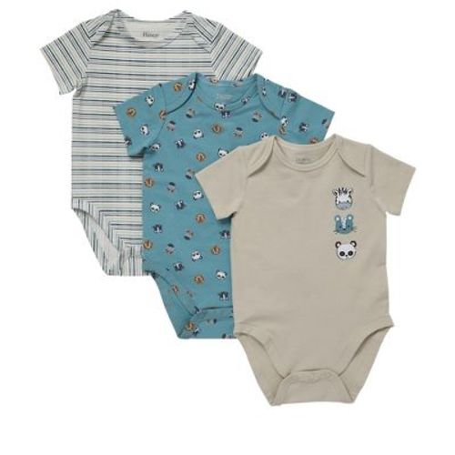 Hanes Pure Comfort Baby Short Sleeve Bodysuits, Organic Cotton, Boys & Girls, 3-Pack Beige/Teal Assortment 3MTH