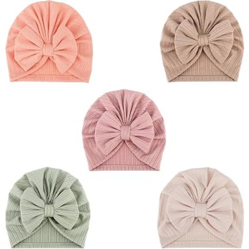 DRESHOW BQUBO 5 Pieces Newborn Baby Turban Hats Bow Baby Infant Beanie Breathable Toddler Cap for Baby Girls