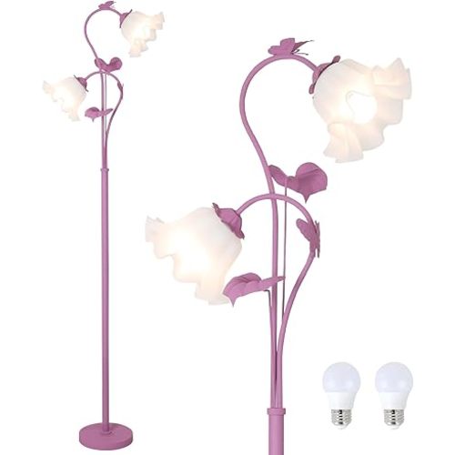 HMVPL Purple Floral Floor Lamp, Girls Flower Floor Lamp for Bedroom, Cute Lotus Standing Lamp with 2 LED 5W Blubs, Foot Switch, Unique Flower Tall Lamp for Living Room Kids Nursery Bedside Corner