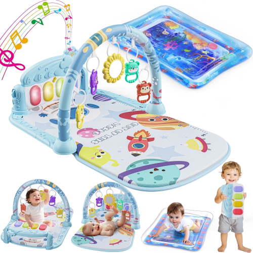 WonderStone Baby Gym Playmat for Infant,Tummy Time Water Mat with 5 Infant Sensory Baby Toys & Musical Piano Activity for 0-36 Months Boys Girls，Blue