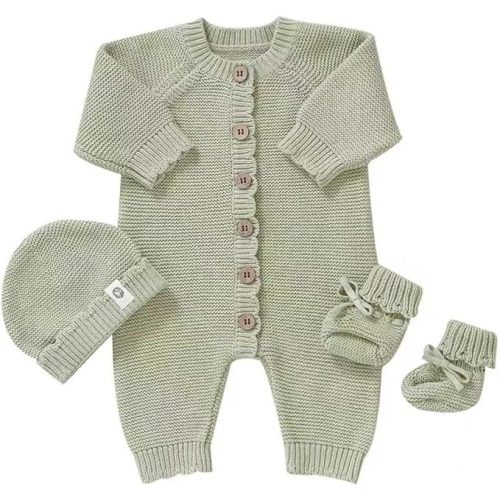 Organic Cotton Baby Sweater Knit Romper Hat Booties 3 Piece Newborn Infant Set LongSleeve 0-1 months