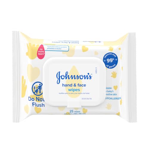 Johnson's Baby Disposable Hand & Face Cleansing Wipes, 25 ct | Pre-Moistened Wipes Gently Remove 99% of Germs & Dirt from Delicate Skin, No Added Parabens & Alcohol, Hypoallergenic