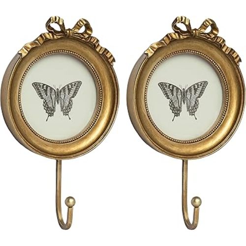 AELS Decorative Wall Hooks with 4"x4" Bow Picture Frame, Vintage Photo Holder with Golden Hook for Coats, Purses, Towels and Keys, Ideal for Entryway, Bedroom or Wedding Decor, Gift Ideas
