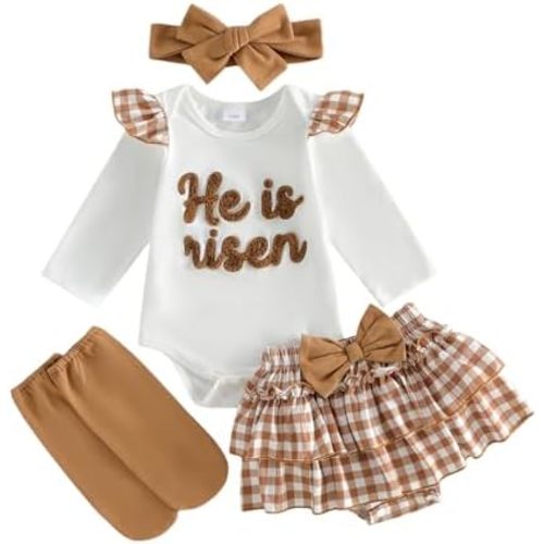 Kavousa My First Halloween Baby Girl Outfit Pumpkin Letter Print Romper+Plaid Skirts+Leg Warmers+Headband Cute Fall Clothes