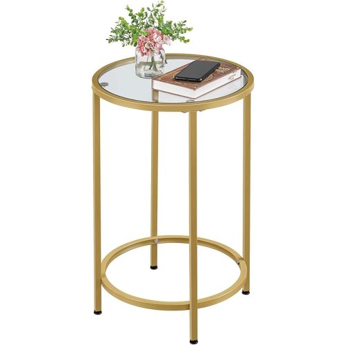 Yaheetech Glass End Table, Small Coffee Accent Table Nightstand w/Glass Top & Metal Frame for Living Room, Balcony, Bedroom, Porch, Small Space, Modern Style, Mustard Gold